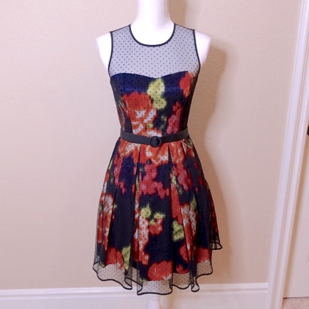 NEW Eliza J Navy Floral Dress with Black Sheer Polka Dot Mesh Ove… - Picture 1 of 16